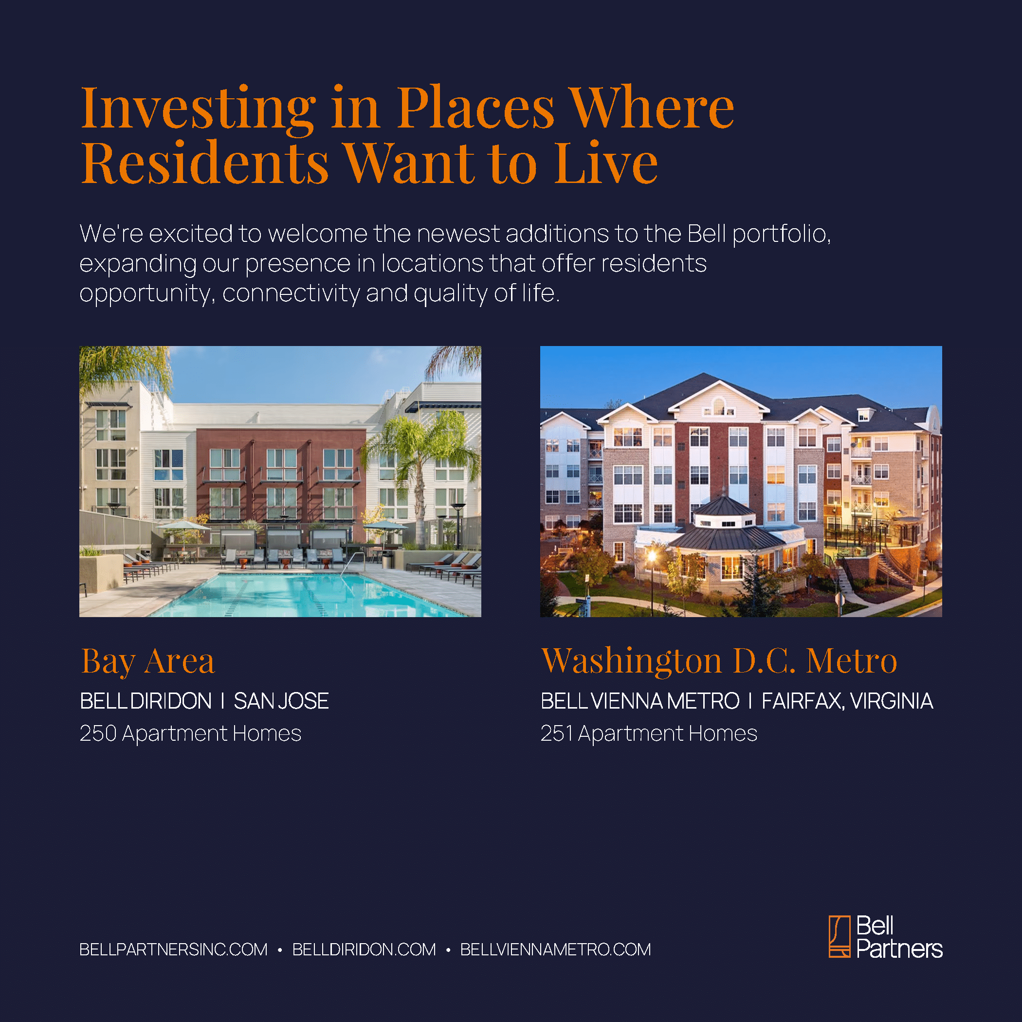 Bell Partners Adds 501 Apartment Homes in the Bay Area and Washington D.C. Metro
