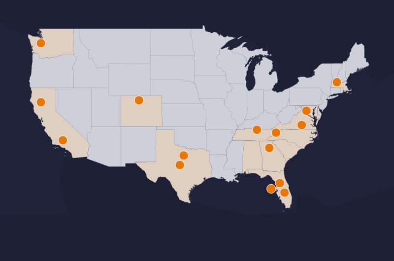 US map depicting Bell Partners' target markets