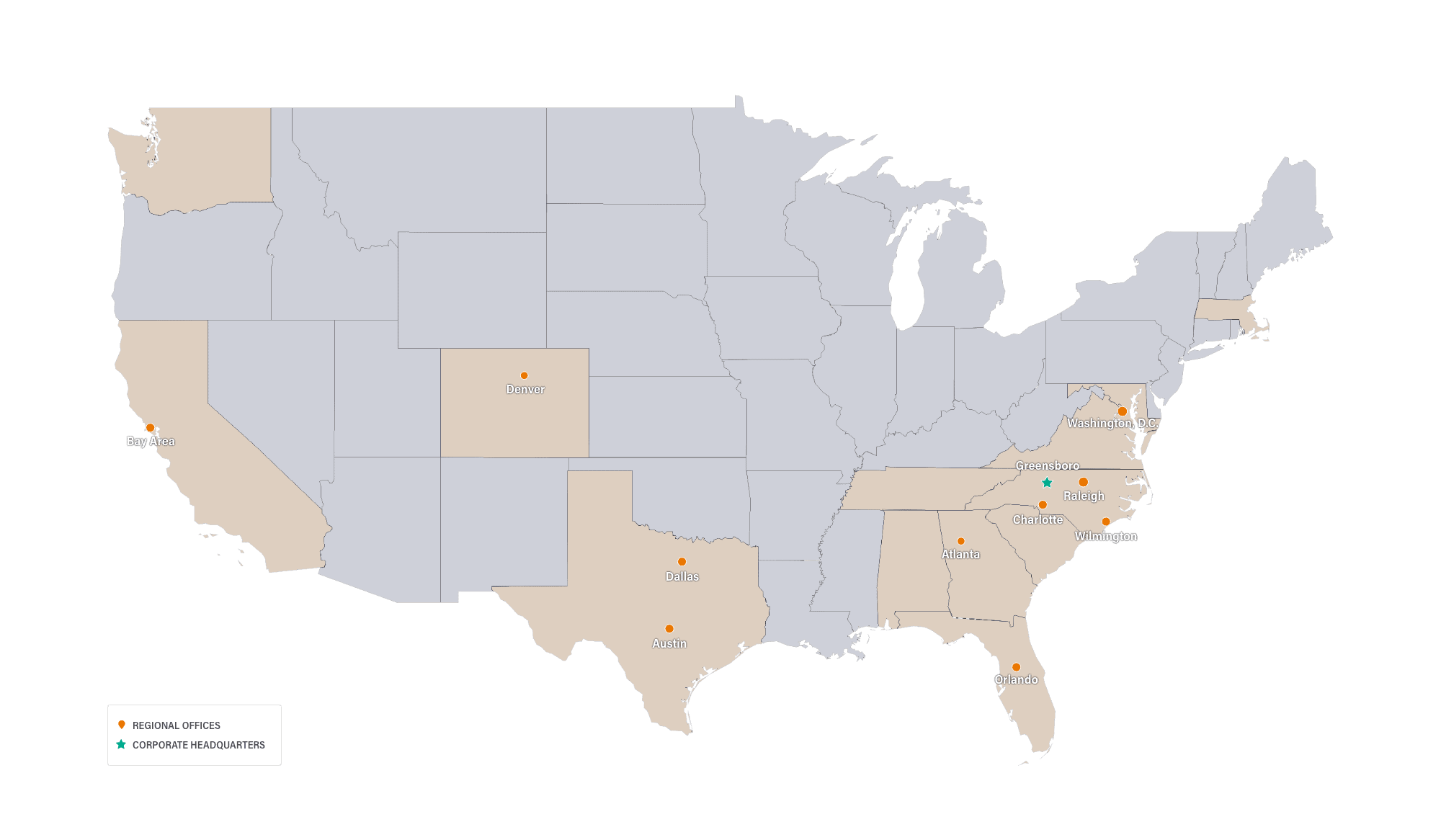 US map with offices locations