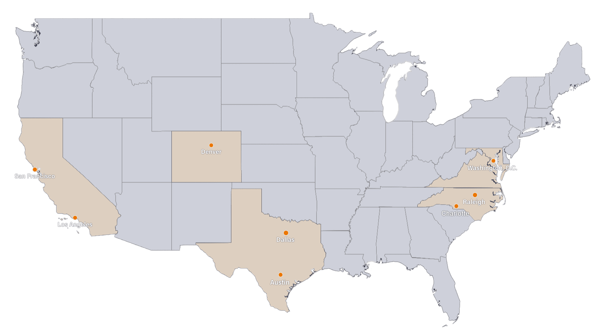US map with Bell Partners offices locations